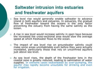 Saltwater intrusion into estuaries
and freshwater aquifers
 Sea level rise would generally enable saltwater to advance
inland in both aquifers and estuaries. In estuaries, the gradual
flow of freshwater toward the oceans is the only factor
preventing the estuary from having the same salinity as the
ocean.
 A rise in sea level would increase salinity in open bays because
the increased the cross-sectional area would slow the average
speed at which freshwater flows to the ocean.
 The impact of sea level rise on groundwater salinity could
make some areas uninhabitable even before they were actually
inundated, particularly those that rely on unconfined aquifers
just above sea level.
 As sea level rises, the depth of the freshwater lens in the
coastal zone is greatly reduced, leading to salinization of water
supplies. In extreme cases exacerbated by over-pumping, the
aquifer may rapidly become unsuitable for drinking and even
for irrigation.
 