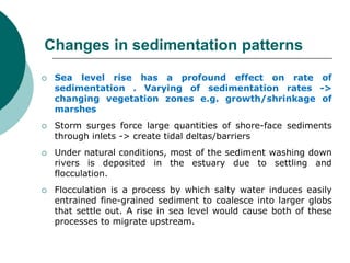 Changes in sedimentation patterns
 Sea level rise has a profound effect on rate of
sedimentation . Varying of sedimentation rates ->
changing vegetation zones e.g. growth/shrinkage of
marshes
 Storm surges force large quantities of shore-face sediments
through inlets -> create tidal deltas/barriers
 Under natural conditions, most of the sediment washing down
rivers is deposited in the estuary due to settling and
flocculation.
 Flocculation is a process by which salty water induces easily
entrained fine-grained sediment to coalesce into larger globs
that settle out. A rise in sea level would cause both of these
processes to migrate upstream.
 