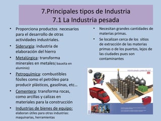 7.Principales tipos de Industria
7.1 La Industria pesada
• Proporciona productos necesarios
para el desarrollo de otras
actividades industriales.
• Siderurgia: industria de
elaboración del hierro
• Metalúrgica: transforma
minerales en metales( bauxita en
aluminio)
• Petroquímica: combustibles
fósiles como el petróleo para
producir plásticos, gasolinas, etc…
• Cementera: transforma rocas,
como arcillas y calizas en
materiales para la construcción
• Industrias de bienes de equipo:
elaboran útiles para otras industrias:
maquinarias, herramientas
• Necesitan grandes cantidades de
materias primas.
• Se localizan cerca de los sitios
de extracción de las materias
primas o de los puertos, lejos de
las ciudades pues son
contaminantes
 