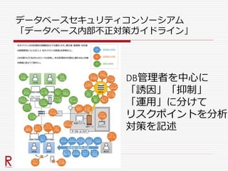 データベースセキュリティコンソーシアム
「データベース内部不正対策ガイドライン」
DB管理者を中心に
「誘因」「抑制」
「運用」に分けて
リスクポイントを分析
対策を記述
 