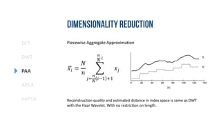 DFT
DWT
PAA
eAPCA
APCA
Piecewise Aggregate Approximation
𝑥𝑖 =
𝑁
𝑛
𝑗=
𝑛
𝑁 𝑖−1 +1
𝑛
𝑁 𝑖
𝑥𝑗
Reconstruction quality and estimated distance in index space is same as DWT
with the Haar Wavelet. With no restriction on length.
[6]
 