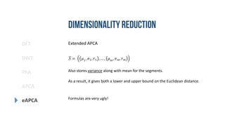 DFT
DWT
PAA
eAPCA
APCA
Extended APCA
𝑆 = 𝜇1, 𝜎1, 𝑟1 , … , 𝜇 𝑚, 𝜎 𝑚, 𝑟 𝑚
Also stores variance along with mean for the segments.
As a result, it gives both a lower and upper bound on the Euclidean distance.
Formulas are very ugly!
 