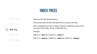 R/R* Trees
SFA Trie
DS Tree
ADS index
iSAX Tree
Based on the SFA representation.
Time series with common SFA prefix lie in common sub-tree.
SFA is computed for more number of Fourier coefficients. But not all
are used in the index. Hence, small index size.
Example:
SFA( T1 ) = abaacde | SFA( T2 ) = abbadef
SFA( T1 ) = abaacde | SFA( T2 ) = abbadef | SFA( T3 ) = abaagef
 