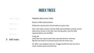 R/R* Trees
SFA Trie
DS Tree
ADS index
iSAX Tree
Adaptive data series index
Based in iSAX representation.
Delays the construction of leaf nodes to query time.
Also, leaf nodes contain only the iSAX representations and the actual
data series remain in the disk. Even during splits, only the iSAX
representations are shuffled.
Trade off:
Small leaf size require splits that costs disk IO time, whereas
Big leaf size leads to increased query time for linear scan.
So, ADS+ uses adaptive leaf size. A bigger build time leaf size and a
much smaller query time leaf size.
 