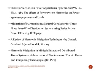 ☞ IEEE transactions on Power Apparatus & Systems, vol.PAS-104,
No.9, 1985. The effects of Power system Harmonics on Power
system equipment and Loads.
☞Mitigation of Harmonics in a Neutral Conductor for Three-
Phase Four-Wire Distribution System using Series Active
Power Filter 2015 IEEE paper
☞A Review of Harmonic Mitigation Techniques –by Gonzalo
Sandoval & John Houdek, © 2005
☞Harmonic Mitigation In Minigrid Integrated Distributed
Power System-2016 International Conference on Circuit, Power
and Computing Technologies [ICCPCT]
ASHIK.S AND ROOPESH.R.NAIR, AMMINI COLLEGE OF
ENGINEERING
26
 