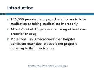 Introduction
3


       125,000 people die a year due to failure to take
        medication or taking medications improperly
       Almost 6 out of 10 people are taking at least one
        prescription drug
       More than 1 in 3 medicine-related hospital
        admissions occur due to people not properly
        adhering to their medications



                   Script Your Future. (2012). National Consumers League.
 