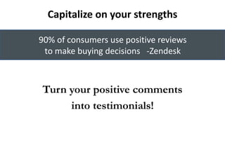 Capitalize on your strengths 
90% of consumers use positive reviews 
to make buying decisions -Zendesk 
Turn your positive comments 
into testimonials! 
 