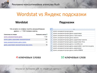 Рекламно-консалтинговое агентство Rush
Москва ул. Бутлерова 17б m: oleg@rush-agency.ru
Wordstat vs Яндекс подсказки
Wordstat Подсказки
4 ключевых слова 10 ключевых слов
 