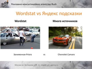 Рекламно-консалтинговое агентство Rush
Москва ул. Бутлерова 17б m: oleg@rush-agency.ru
Wordstat vs Яндекс подсказки
Wordstat Много источников
Заниженная Priora vs Chevrolet Camaro
 