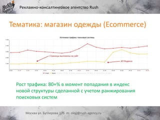 Рекламно-консалтинговое агентство Rush
Москва ул. Бутлерова 17б m: oleg@rush-agency.ru
Тематика: магазин одежды (Ecommerce)
Рост трафика: 80+% в момент попадания в индекс
новой структуры сделанной с учетом ранжирования
поисковых систем
 