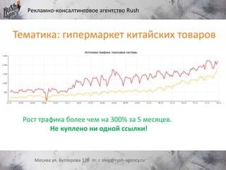 Рекламно-консалтинговое агентство Rush
Москва ул. Бутлерова 17б m: c oleg@rush-agency.ru
Тематика: гипермаркет китайских товаров
Рост трафика более чем на 300% за 5 месяцев.
Не куплено ни одной ссылки!
 