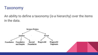 Taxonomy
An ability to define a taxonomy (is-a hierarchy) over the items
in the data.
 