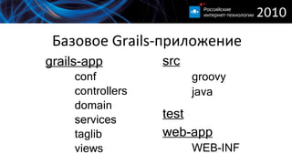 Базовое  Grails- приложение grails-app c onf controllers domain services taglib views src groovy java test web-app WEB-INF 