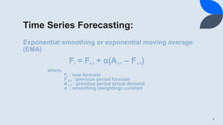 Time Series Forecasting:
Exponential smoothing or exponential moving average
(EMA)
6
Ft = Ft-1 + α(At-1 – Ft-1)
where,
Ft : new forecast
F t-1 : previous period forecast
A t-1 : previous period actual demand
α : smoothing (weighting) constant
 