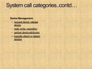 System call categories..contd…
Device Management.
– request device,release
device
– read, write, reposition
– get/set deviceattributes
– logically attach or detach
devices
 