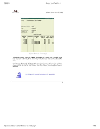 7/22/2015 Service Tax In Tally Erp 9
http://www.slideshare.net/ravi78/service­tax­in­tally­erp­9 17/96
 