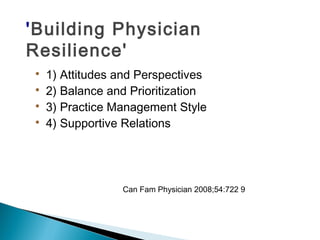 'Building Physician
Resilience'

1) Attitudes and Perspectives

2) Balance and Prioritization

3) Practice Management Style

4) Supportive Relations
Can Fam Physician 2008;54:722 9
 