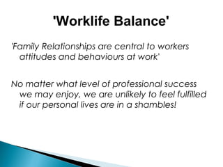 'Worklife Balance'
'Family Relationships are central to workers
attitudes and behaviours at work'
No matter what level of professional success
we may enjoy, we are unlikely to feel fulfilled
if our personal lives are in a shambles!
 