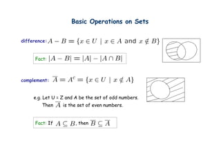 Basic Operations on Sets
                            p


d fference
difference:


     Fact
     Fact:



complement:


     e.g. Let U = Z and A b the set of odd numbers.
          L           d be h         f dd     b
        Then     is the set of even numbers.


     Fact: If          , then
 