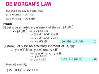 DE MORGAN’S LAW
If A and B are any two sets, then
(i)
(ii)
   

A B A B
   

A B A B
Proof:
(i) Let x be an arbitrary element of the set .
 
A B
 
 
x A B  
 
x A B
  
x A and x B
 
  
x A and x B
 
 
x A B    
 
A B A B ...(i)
(ii)Now, let y be an arbitrary element of  
A B
 
 
y A B  
  
y A and y B
  
y A and y B
 
y A B
 
 
y A B  
 
 
A B A B ' ...(ii)
From (i) and (ii),
   

A B A B
 