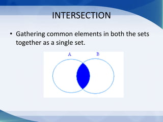 INTERSECTION
• Gathering common elements in both the sets
  together as a single set.
 