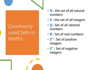 Commonly
used Sets in
Maths
• 𝐍 : the set of all natural
numbers
• 𝐙 : the set of all integers
• 𝐐 : Set of all rational
numbers
• 𝐑 : Set of real numbers
• 𝒁+
: Set of positive
integers
• 𝒁−: Set of negative
integers
 