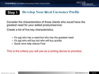 Develop Your Ideal Customer ProfileStep 1Consider the characteristics of those clients who would have the greatest need for your added product/service:Create a list of five key characteristics.It’s not who has a need but who has the greatest needIt’s not who will buy but who will buy quicklyQuick wins help reduce FearThis is the criteria you will use as a sorting device to prioritize.