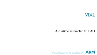 1
VIXL
A runtime assembler C++ API
 