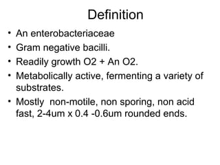 Definition An enterobacteriaceae Gram negative bacilli.  Readily growth O2 + An O2. Metabolically active, fermenting a variety of substrates.  Mostly  non-motile, non sporing, non acid fast, 2-4um x   0.4 -0.6um rounded ends. 