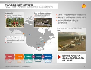 MATURING NEW OPTIONS
NEW NORTH AMERICA INTEGRATED GAS POTENTIAL

LNG Canada                                                        Green corridor gas-to-transport
  Studying 12 mtpa at Kitimat                                       0.3 mtpa at Jumping Pound                       Shell’s integrated gas capabilities
   Shell 40% + strategic partners
                                                                                                                    Equity + industry resources base
                                                                                                                    Natural hedge; oil/gas
                                                                                                                    differential

                                                                                                                   MOVABLE MODULAR LIQUEFACTION SYSTEM
                                                                                                                   (MMLS)




Western Canada gas resources
 Groundbirch resource potential
 increased from 6 tcfe to >12 tcfe
   Shell 80%                                                                                    Gas-to-Chemicals
                                                                        Gas-to-
                                                                        transport


                                                                         GTL+ LNG
                                                                         Options



      Assess                  Select             Define         FID   Execute        Start-
                                                                                      up       Operate                   NORTH AMERICA
                                                                                                                         GAS MONETIZATION
     Feasibility            Concept              Project
                                                                      Construction
                                                                                              Ramp-up to                 OPTIONS
       Study                Selection          Specifications                                 full capacity



Copyright of Royal Dutch Shell plc      27 September 2012                                                                                                16
 