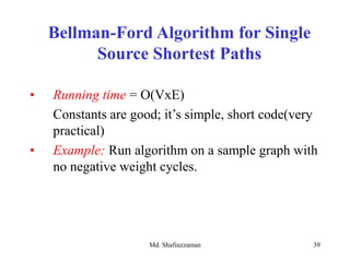 Md. Shafiuzzaman 39
• Running time = O(VxE)
Constants are good; it’s simple, short code(very
practical)
• Example: Run algorithm on a sample graph with
no negative weight cycles.
Bellman-Ford Algorithm for Single
Source Shortest Paths
 