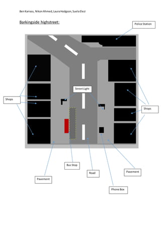 BenKarrass, NikonAhmed,LauraHodgson,SuelaElezi
Barkingside highstreet:
Pavement
Pavement
Police Station
Shops
StreetLight
Shops
Phone Box
Road
Bus Stop
 