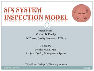Presented By :
Vaishali D. Dandge
M.Pharm, Quality Assurance, 1st Sem
Guided By :
Monika Jadhao Mam
Subject : Quality Management System
Vidya Bharti College Of Pharmacy, Amravati
June 21
VAISHALI DANDGE
 