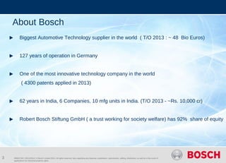 About Bosch 
Biggest Automotive Technology supplier in the world ( T/O 2013 : ~ 48 Bio Euros) 
127 years of operation in Germany 
One of the most innovative technology company in the world 
( 4300 patents applied in 2013) 
62 years in India, 6 Companies, 10 mfg units in India. (T/O 2013 - ~Rs. 10,000 cr) 
Robert Bosch Stiftung GmbH ( a trust working for society welfare) has 92% share of equity 
RBIN/CSR | 28/11/2014 | © Bosch Limited 2014. All rights reserved, also regarding any disposal, exploitation, reproduction, editing, distribution, as well as in the event of 
applications for industrial property rights. 
3 
 