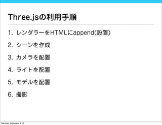 Three.jsの利用手順
       1. レンダラーをHTMLにappend(設置)

       2. シーンを作成

       3. カメラを配置

       4. ライトを配置

       5. モデルを配置

       6. 撮影



Saturday, September 8, 12
 