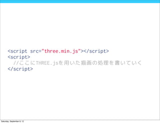 <script src="three.min.js"></script>
       <script>
         //ここにTHREE.jsを用いた描画の処理を書いていく
       </script>




Saturday, September 8, 12
 