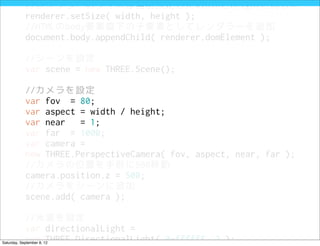//レンダラーのサイズは当初設定したwidthとheightと同じに
            renderer.setSize( width, height );
            //HTMLのbody要素直下の子要素としてレンダラーを追加
            document.body.appendChild( renderer.domElement );

            //シーンを設定
            var scene = new THREE.Scene();

            //カメラを設定
            var fov = 80;
            var aspect = width / height;
            var near   = 1;
            var far = 1000;
            var camera =
            new THREE.PerspectiveCamera( fov, aspect, near, far );
            //カメラの位置を手前に500移動
            camera.position.z = 500;
            //カメラをシーンに追加
            scene.add( camera );

            //光源を設定
            var directionalLight =
            new THREE.DirectionalLight( 0xffffff, 3 );
Saturday, September 8, 12
 
