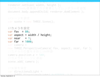//レンダラーのサイズは当初設定したwidthとheightと同じに
            renderer.setSize( width, height );
            //HTMLのbody要素直下の子要素としてレンダラーを追加
            document.body.appendChild( renderer.domElement );

            //シーンを設定
            var scene = new THREE.Scene();

            //カメラを設定
            var fov = 80;
            var aspect = width / height;
            var near   = 1;
            var far = 1000;
            var camera =
            new THREE.PerspectiveCamera( fov, aspect, near, far );
            //カメラの位置を手前に500移動
            camera.position.z = 500;
            //カメラをシーンに追加
            scene.add( camera );

            //光源を設定
            var directionalLight =
            new THREE.DirectionalLight( 0xffffff, 3 );
Saturday, September 8, 12
 