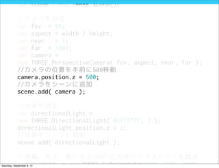 var scene = new THREE.Scene();

            //カメラを設定
            var fov = 80;
            var aspect = width / height;
            var near   = 1;
            var far = 1000;
            var camera =
            new THREE.PerspectiveCamera( fov, aspect, near, far );
            //カメラの位置を手前に500移動
            camera.position.z = 500;
            //カメラをシーンに追加
            scene.add( camera );

            //光源を設定
            var directionalLight =
            new THREE.DirectionalLight( 0xffffff, 3 );
            directionalLight.position.z = 3;
            //光源をシーンに追加
            scene.add( directionalLight );

            //横幅、高さ、奥行きが200の立方体のジオメトリーを設定
            var geometry = new THREE.CubeGeometry(200, 200, 200);
Saturday, September 8, 12
 