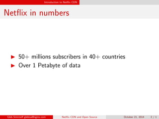 Introduction to Net
ix CDN 
Net
ix in numbers 
I 50+ millions subscribers in 40+ countries 
I Over 1 Petabyte of data 
Gleb Smirno glebius@nginx.com Net
ix CDN and Open Source October 21, 2014 2 / 1 
 