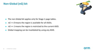 Non-Global (nG) bit
The non-Global bit applies only for Stage-1 page tables.
nG 0 means the region is available for all ASIDs.
nG 1 means the region is restricted to the current ASID.
Global mapping can be invalidated by using any ASID.
14 © 2019 Arm Limited
 