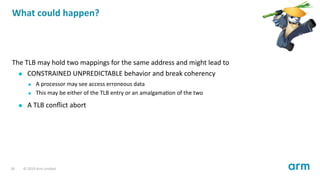 What could happen?
The TLB may hold two mappings for the same address and might lead to
CONSTRAINED UNPREDICTABLE behavior and break coherency
A processor may see access erroneous data
This may be either of the TLB entry or an amalgama on of the two
A TLB conﬂict abort
18 © 2019 Arm Limited
 