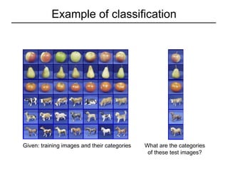 Example of classification Given: training images and their categories What are the categories of these test images? 