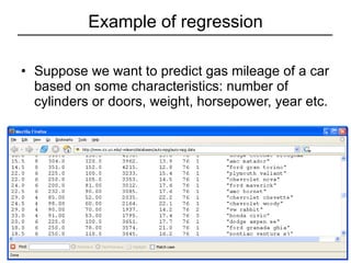 Example of regression Suppose we want to predict gas mileage of a car based on some characteristics: number of cylinders or doors, weight, horsepower, year etc. 