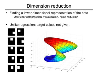 Dimension reduction Finding a lower dimensional representation of the data Useful for compression, visualization, noise reduction Unlike regression: target values not given 