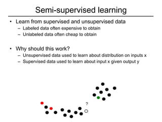 Semi-supervised learning Learn from supervised and unsupervised data Labeled data often expensive to obtain Unlabeled data often cheap to obtain Why should this work? Unsupervised data used to learn about distribution on inputs x Supervised data used to learn about input x given output y ? 