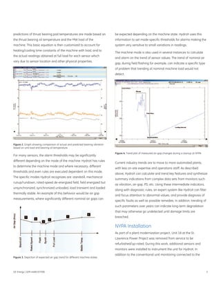 predictions of thrust bearing pad temperatures are made based on               be expected depending on the machine state. HydroX uses this
the thrust bearing oil temperature and the MW load of the                      information to set mode-specific thresholds for alarms making the
machine. This basic equation is then customized to account for                 system very sensitive to small variations in readings.
heating/cooling time constants of the machine with load, and to
                                                                               The machine mode is also used in several instances to calculate
the actual readings obtained at full load for each sensor which
                                                                               and alarm on the trend of sensor values. The trend of nominal air
vary due to sensor location and other physical properties.
                                                                               gap, during field flashing for example, can indicate a specific type
                                                                               of problem that trending at nominal machine load would not
                                                                               detect.




Figure 2. Graph showing comparison of actual and predicted bearing vibration
based on unit load and bearing oil temperature

                                                                               Figure 4. Trend plot of measured air-gap changes during a startup at NYPA
For many sensors, the alarm thresholds may be significantly
different depending on the mode of the machine. HydroX has rules
                                                                               Current industry trends are to move to more automated plants,
to determine the machine mode and where necessary, different
                                                                               with less on-site expertise and operations staff. As described
thresholds and even rules are executed dependent on this mode.
                                                                               above, HydroX can calculate and trend key features and synthesize
The specific modes HydroX recognizes are: standstill, mechanical
                                                                               summary indications from complex data sets from monitors such
runup/rundown, rated-speed de-energized field, field energized but
                                                                               as vibration, air-gap, PD, etc. Using these intermediate indicators,
unsynchronized, synchronized unloaded, load transient and loaded
                                                                               along with diagnostic rules, an expert system like HydroX can filter
thermally stable. An example of this behavior would be air gap
                                                                               and focus attention to abnormal values, and provide diagnosis of
measurements, where significantly different nominal air gaps can
                                                                               specific faults as well as possible remedies. In addition, trending of
                                                                               such parameters over years can indicate long-term degradation
                                                                               that may otherwise go undetected until damage limits are
                                                                               breached.

                                                                               NYPA Installation
                                                                               As part of a plant modernization project, Unit 18 at the St.
                                                                               Lawrence Power Project was removed from service to be
                                                                               refurbished/up-rated. During this work, additional sensors and
                                                                               monitors were installed to instrument the unit for HydroX. In
                                                                               addition to the conventional unit monitoring connected to the
Figure 3. Depiction of expected air gap trend for different machine states




GE Energy | GER-4488 (07/08)                                                                                                                               3
 