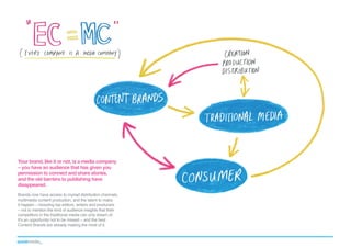 Your brand, like it or not, is a media company
– you have an audience that has given you
permission to connect and share stories,
and the old barriers to publishing have
disappeared.
Brands now have access to myriad distribution channels,
multimedia content production, and the talent to make
it happen – including top editors, writers and producers
– not to mention the kind of audience insights that their
competitors in the traditional media can only dream of.
It’s an opportunity not to be missed – and the best
Content Brands are already making the most of it.

 