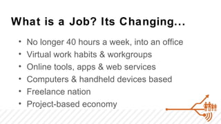 What is a Job? Its Changing...
 •   No longer 40 hours a week, into an office
 •   Virtual work habits & workgroups
 •   Online tools, apps & web services
 •   Computers & handheld devices based
 •   Freelance nation
 •   Project-based economy
 