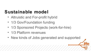 Sustainable model
 •   Altruistic and For-profit hybrid
 •   1/3 Gov/Foundation funding
 •   1/3 Sponsored Projects (work-for-hire)
 •   1/3 Platform revenues
 •   New kinds of Jobs generated and supported
 